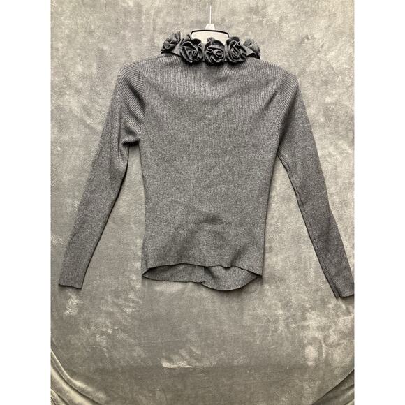 Zara Blouse Woman M Gray Cardigan Tight Knit Wool Blnd Ruffled Collar Quiet Luxe - Picture 7 of 7